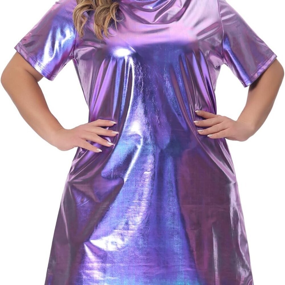 Plus Size Metallic T-Shirt Dress Women Short Sleeve Mini Party Clubwear - Picture 1 of 5